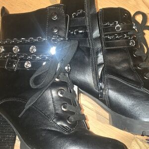 Black Lace-Up Women's Combat Boots with Chain & Stud Accents